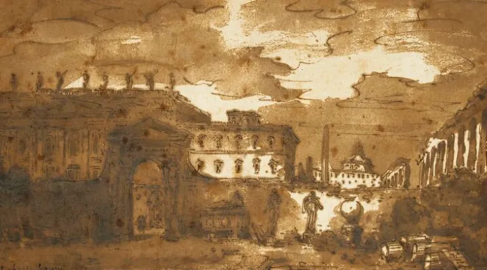 A Rome : intérieur d'une cour où sont déposés des fragments d'antiques (panneaux acryliques)