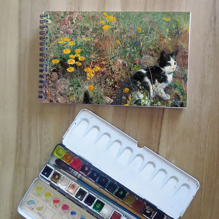 Bloc croquis 30 feuilles Bruno Liljefors - Chat sur un pré fleuri, 1887