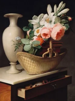 Bouquet de lis et de roses dans une corbeille posée sur une chiffonnière (affiches d'art)