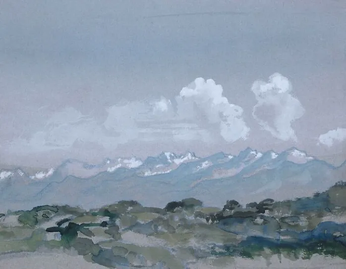 Chaîne de montagnes enneigées, le matin (affiches d'art encadrées)
