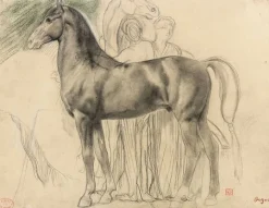 Cheval de profil à gauche et deux femmes retenant un cheval, étude pour Sémiramis construisant Babylone (panneaux aluminium)