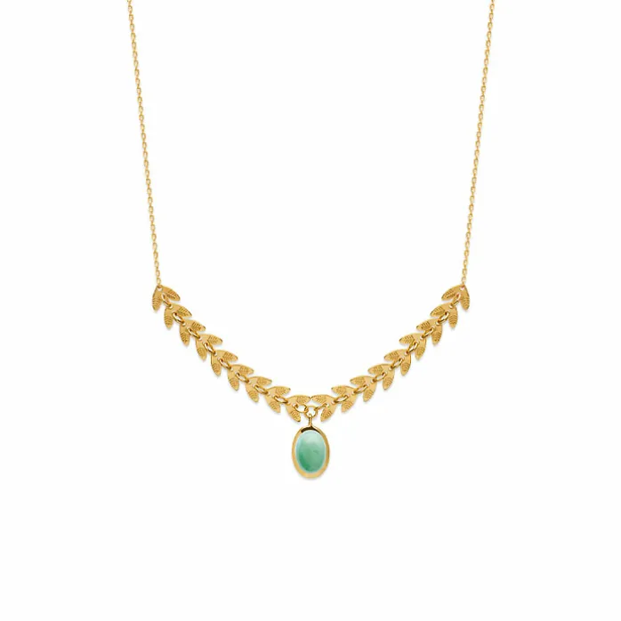 Collier Feuilles de laurier, plaqué or et aventurine