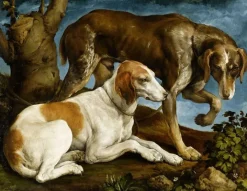 Deux chiens de chasse attachés à une souche (panneaux aluminium)