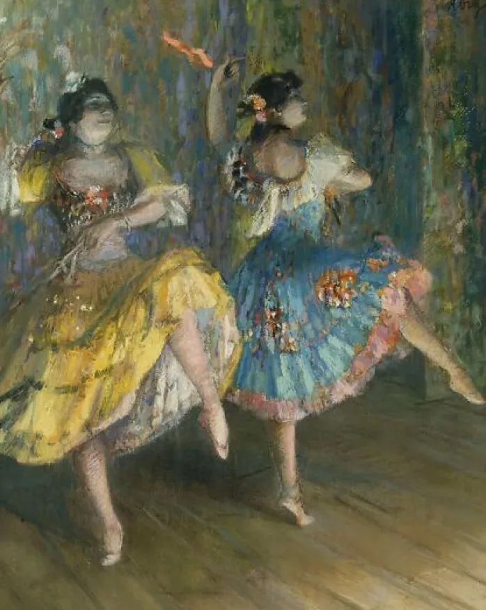 Deux danseuses espagnoles, sur scène, jouant des castagnettes (panneaux aluminium)