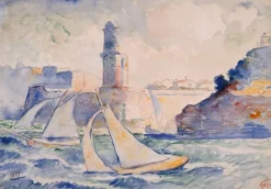 Entrée d'un port (Antibes) avec au premier plan deux voiliers et à l'arrière plan un phare (toiles encadrées)