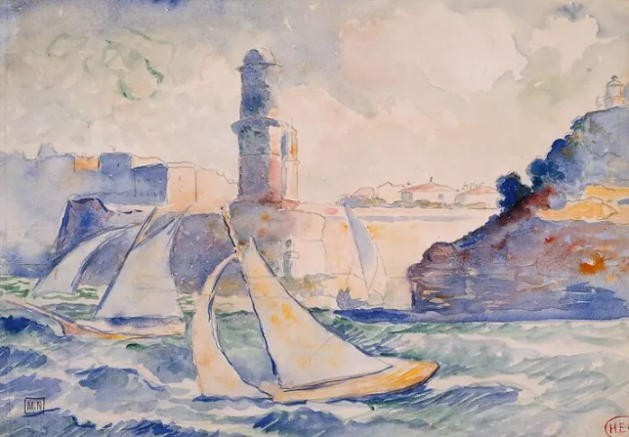 Entrée d'un port (Antibes) avec au premier plan deux voiliers et à l'arrière plan un phare (toiles encadrées)