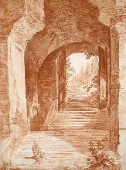 Escalier franchissant une porte sous l'arc d'une construction antique (panneaux aluminium)