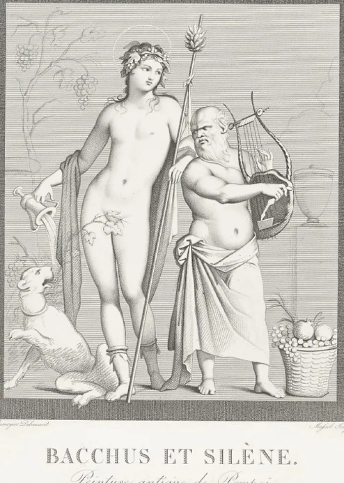 Estampe Bacchus et Silène, peinture antique de Pompeï - Boucher-Desnoyer