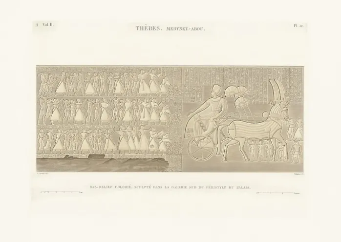 Estampe Bas-relief sculpté, péristyle du palais, Medinet-Abou