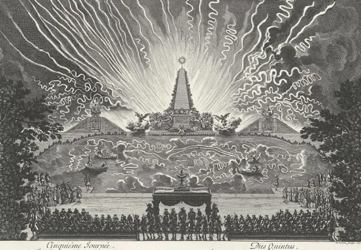 Clearance Estampe Cinquième journée - Feu d'artifice sur le canal de Versailles - Jean Lepautre Personnages Et Évènements Historiques