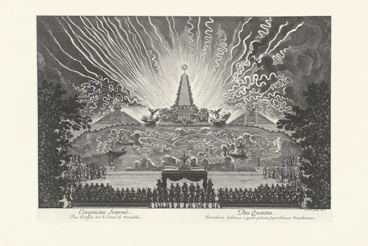 Clearance Estampe Cinquième journée - Feu d'artifice sur le canal de Versailles - Jean Lepautre Personnages Et Évènements Historiques