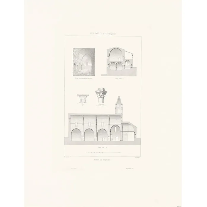 Estampe Coupes et Détails de l'Abbaye de Thoronet, Claude Sauvageot