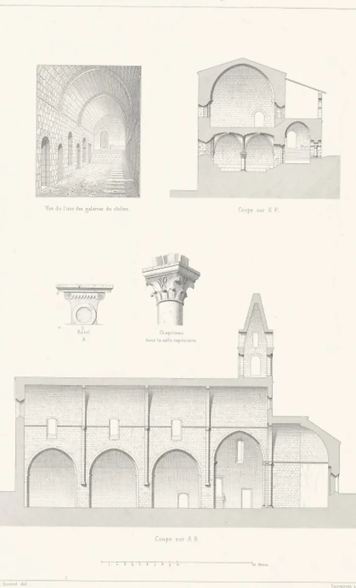 Estampe Coupes et Détails de l'Abbaye de Thoronet, Claude Sauvageot
