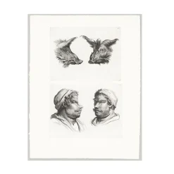 Estampe Deux têtes de sanglier et deux têtes d'hommes