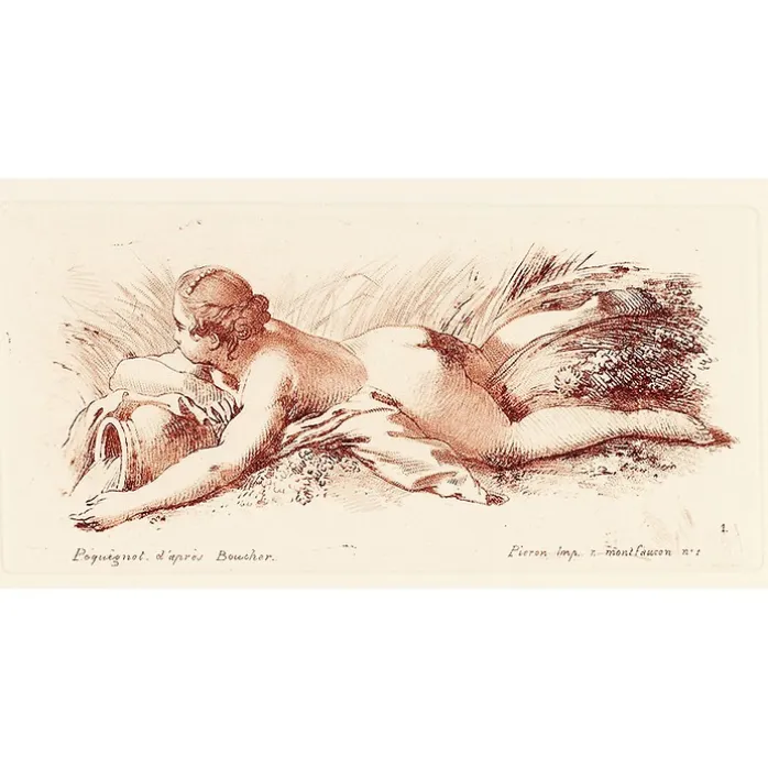 Estampe Femme nue couchée sur le ventre tenant un vase