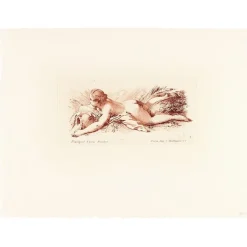 Estampe Femme nue couchée sur le ventre tenant un vase