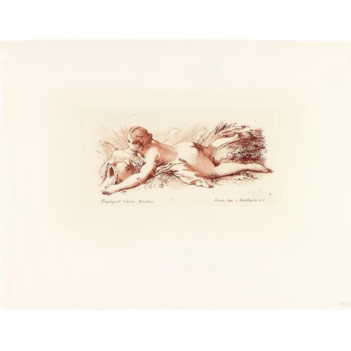 Estampe Femme nue couchée sur le ventre tenant un vase