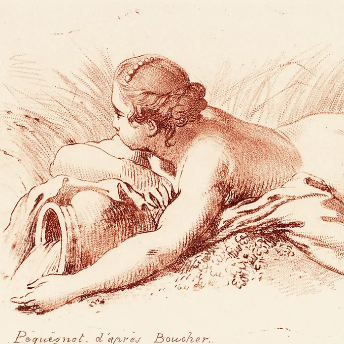 Estampe Femme nue couchée sur le ventre tenant un vase