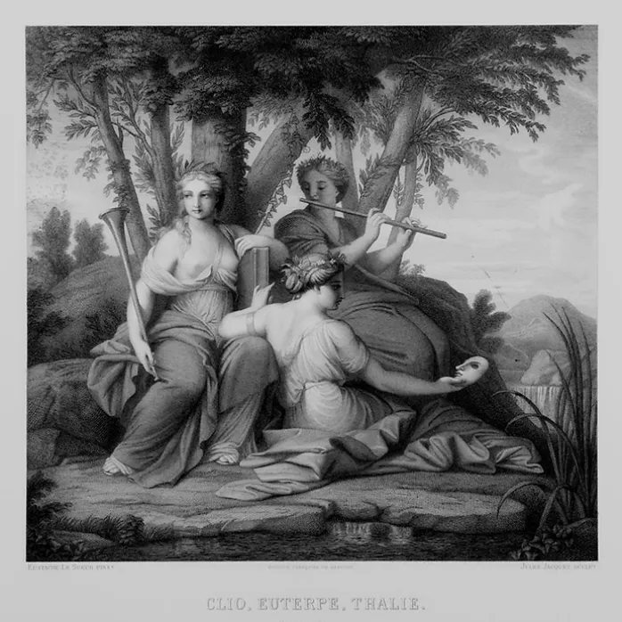 Estampe Les muses Clio, Euterpe et Thalie - Eustache Le Sueur