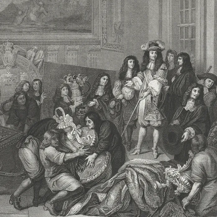 Estampe Louis XIV visite les manufactures des Gobelins