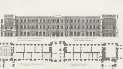 Hot Estampe Plan et élévation du côté du Louvre qui regarde la rivière, vue de la cour à gauche en entrant - Jean Marot Paris Et Le Louvre