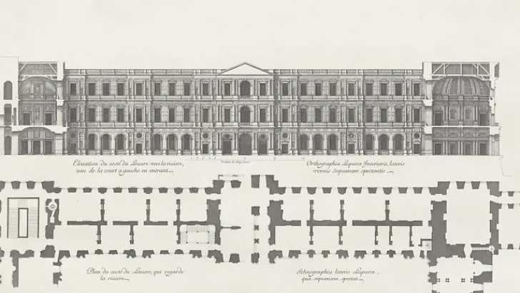 Hot Estampe Plan et élévation du côté du Louvre qui regarde la rivière, vue de la cour à gauche en entrant - Jean Marot Paris Et Le Louvre
