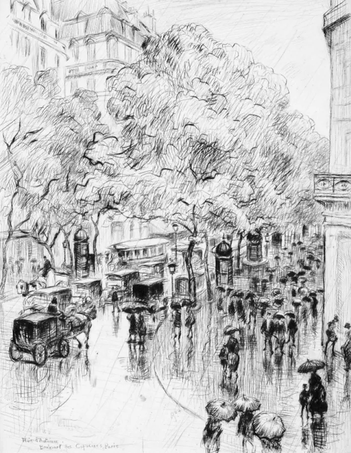 Estampe Pluie d'automne, boulevard des Capucines à Paris - Frank Armington
