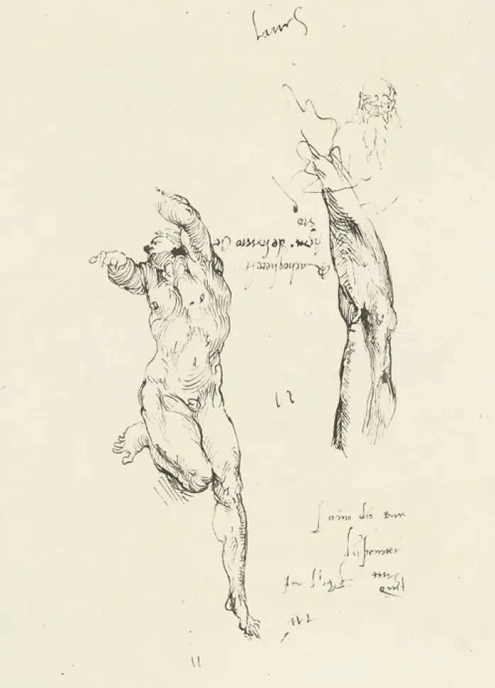 Estampe Étude d'homme nu et étude de bras - Michel-Ange