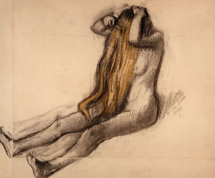 Femme assise par terre, se peignant (affiches d'art encadrées)