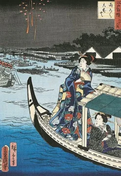 Femme dans une barque durant une fête (panneaux aluminium)