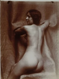 Femme nue assise de trois-quarts dos, sur une chaise, visage de profil gauche (panneaux acryliques)