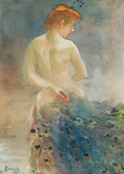 Femme nue, de dos, avec une queue de paon, la tête de profil à droite (toiles sur châssis)