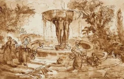 Femmes et enfants prês d'une fontaine, ornée d'une vasque (panneaux acryliques)