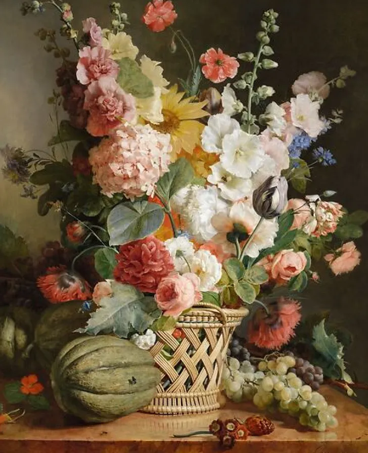 Fruits et fleurs dans une corbeille d’osier (toiles encadrées) Toiles Encadrées|Panneaux Acryliques