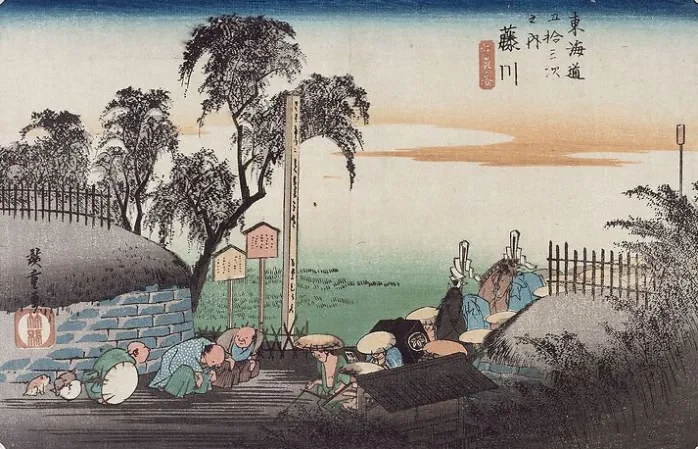 Fujikawa, scène dans les faubourgs (toiles sur châssis)