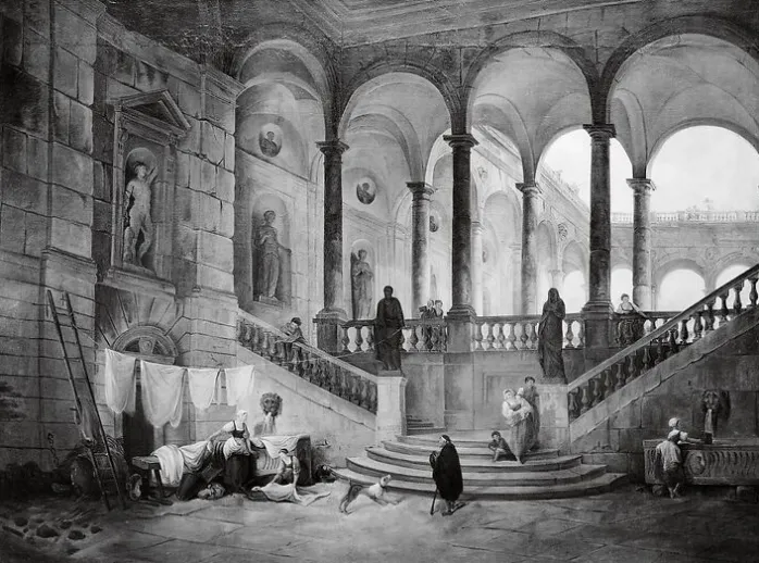 Grand escalier d'un palais avec lavandières (affiches d'art)