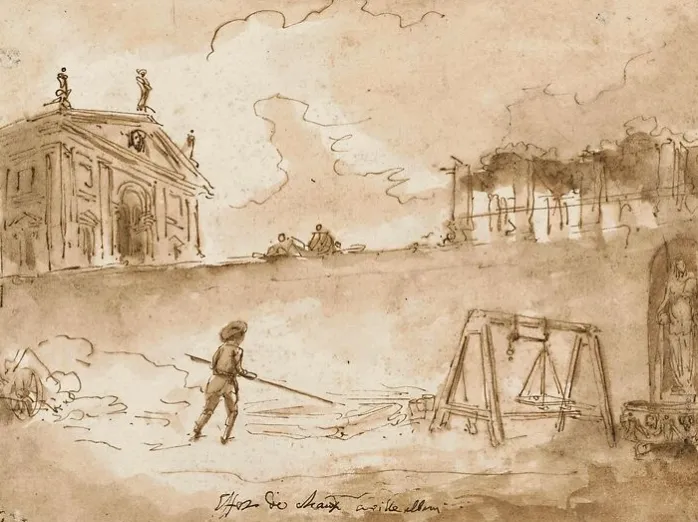 Homme travaillant la chaux, devant la villa Albani (panneaux aluminium)