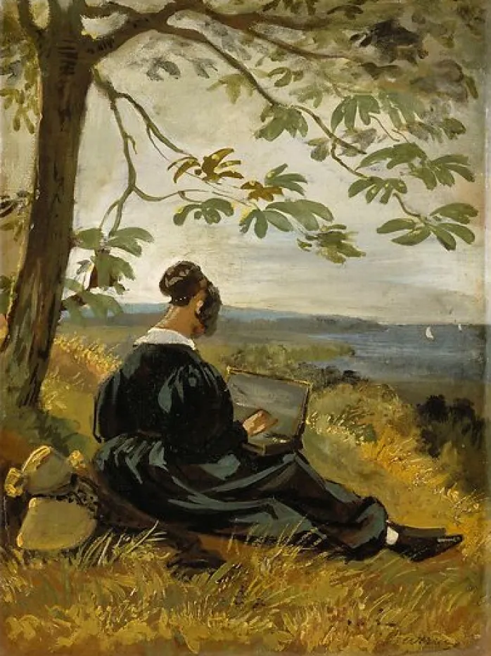 Jeune femme dessinant au pied d'un arbre (panneaux acryliques)