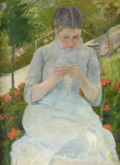 Jeune fille au jardin, dit aussi Femme cousant dans un jardin (panneaux aluminium)