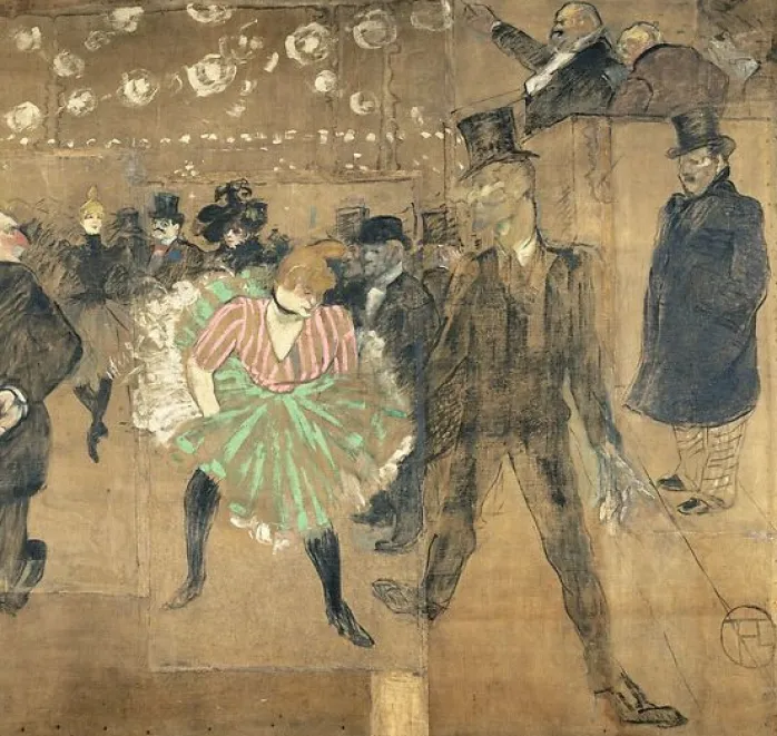 La Danse au Moulin Rouge, dit aussi La Goulue et Valentin le Désossé,panneau pour la baraque de La Goulue à la Foire du Trône à Paris (panneau de gauche), 1895 (toiles encadrées)
