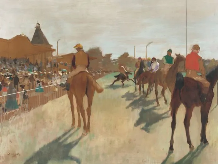 Le Défilé, dit aussi Chevaux de course devant les tribunes (panneaux acryliques)