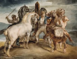 Le marché aux chevaux : cinq chevaux au piquet (panneaux aluminium)