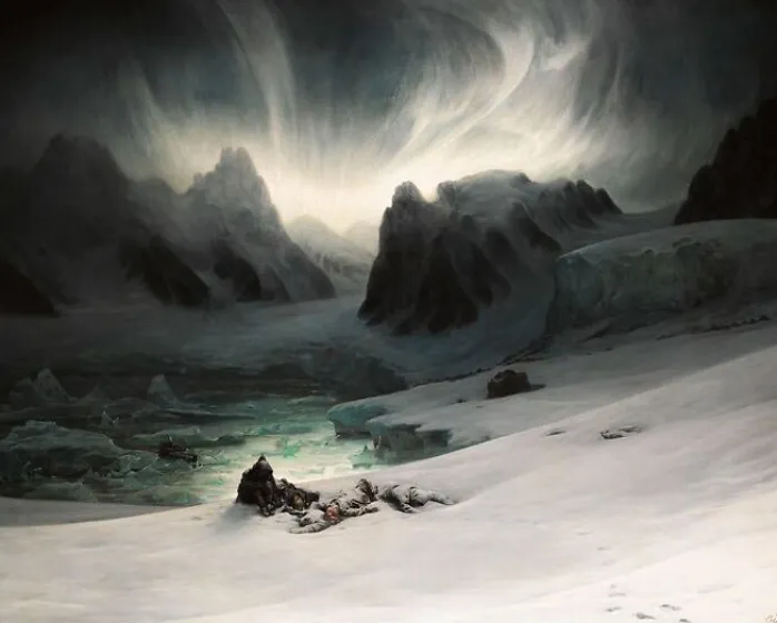 Magdalena-Bay, vue prise de la presqu'île des tombeaux, au nord du Spitzberg. Effet d'aurore boréale (toiles sans cadre)