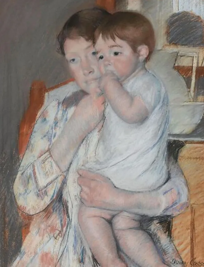 Mère et enfant : la femme tient sur ses genoux son enfant qui suce son pouce (toiles encadrées)