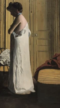 Nu dans un intérieur, femme retirant sa chemise (panneaux aluminium)