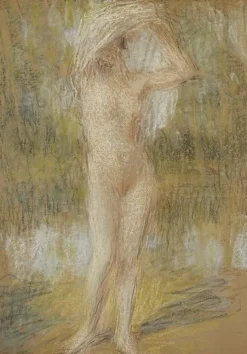Nu debout, de face, bras levés, tenant une draperie (panneaux acryliques)
