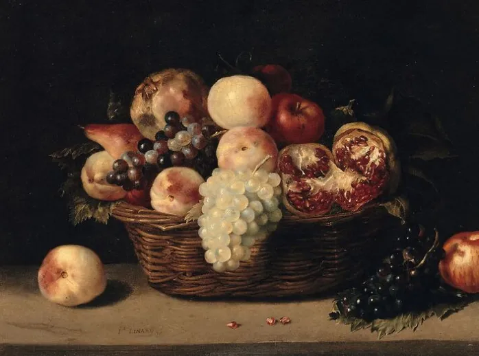 Panier de grenades, pêches et raisins (panneaux acryliques)
