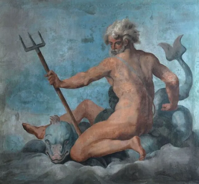 Plafond de la Galerie des assiettes : Neptune sur un dauphin (panneaux aluminium)