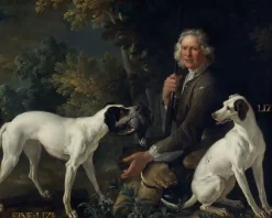 Portrait du garde-chasse La Forêt et de Fine-Lise et Lise, deux chiennes de la meute royale (panneaux aluminium)