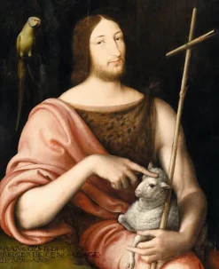 Saint Jean Baptiste sous les traits de François Ier. Inscription apocryphe en majuscules et reprise en bas à gauche : FRANÇOYS R* DE *FRANCE* PREMIER DE CE NOM AGE DE XXIIII ANS (panneaux aluminium)